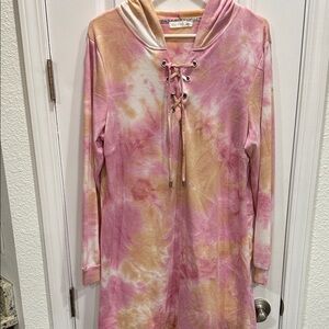 Pink and Peach Tie-Dye Long Sleeve Hoodie Dress